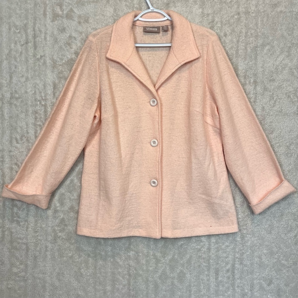 Chico's Knitted 100% Boiled Wool Pink Sweater Blazer Sz 2 Large/XL Minimalist